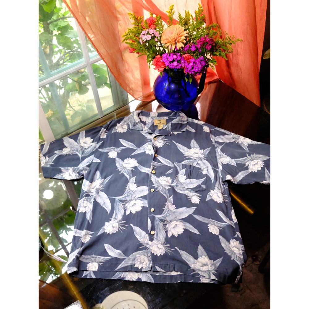 Jamaica Jaxx 100% Silk Blue Floral Herringbone Button Up Shirt S Large